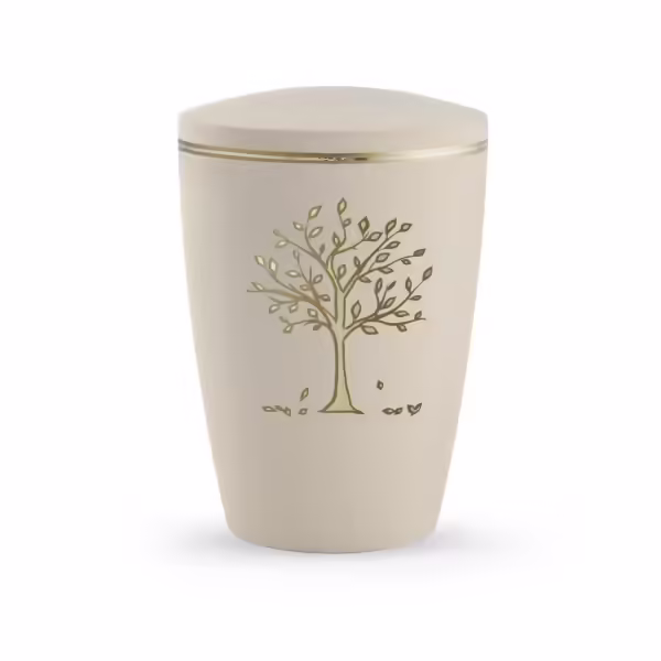 Eine Urne mit Baumornament in Gold