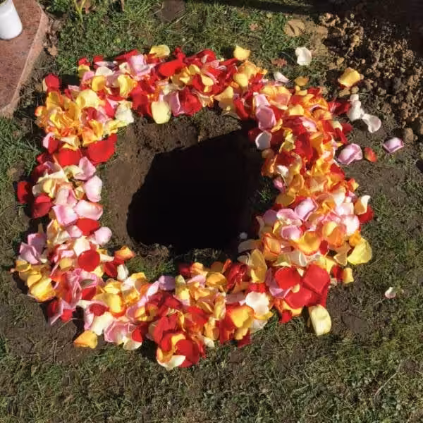 Offenes Urnengrab welches mit Blumenblüten umrundet ist.