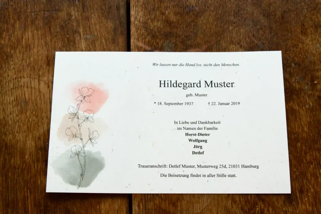 Trauerkarte mit Blume und Text