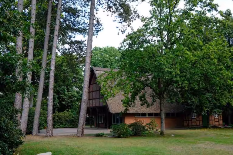 Fachwerkhaus im Wald, von Bäumen umgeben