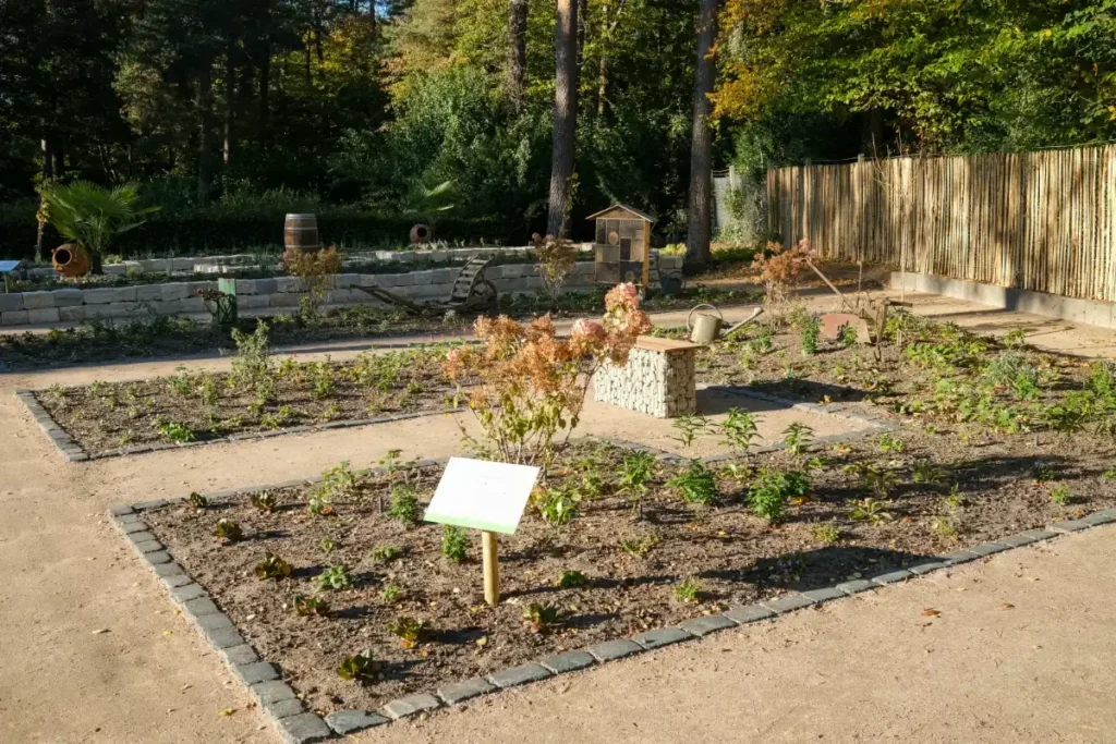 Gartenanlage mit Blumenbeeten und Steinwegen.