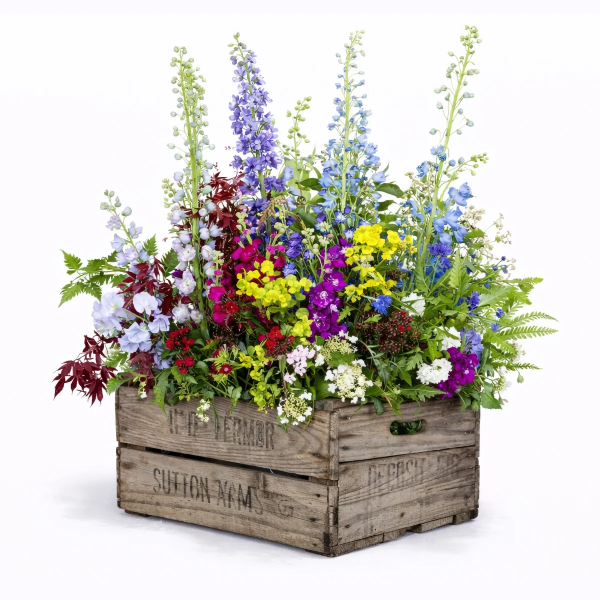 Bunte Wildblumen in rustikaler Holzkiste arrangiert