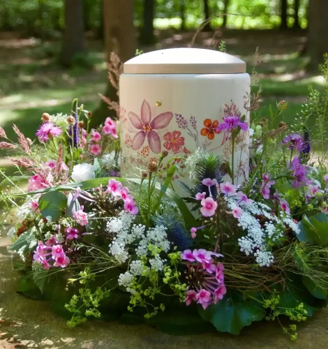 Urne im Urnenkranz aus Blumen eingebettet